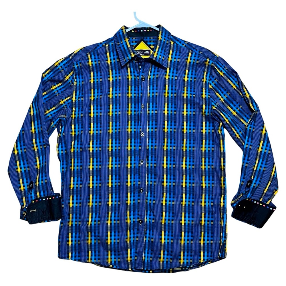 Franco Negretti Men’s Flip Cuff Button Down Plaid Shirt Sz L